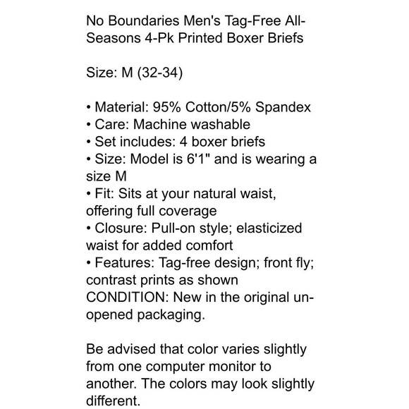 No Boundaries Men's Tag-Free All-Seasons 4-Pk Printed Boxer Briefs  Size M  NWT - Picture 8 of 8